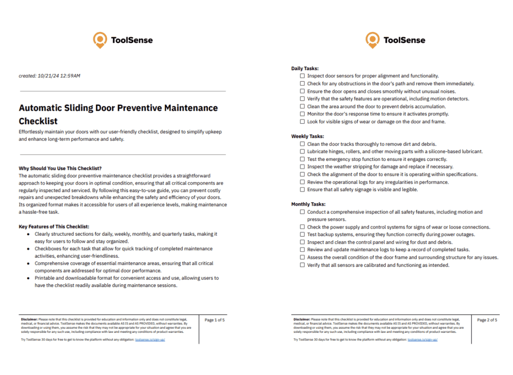 Automatic Sliding Door Preventive Maintenance Checklist