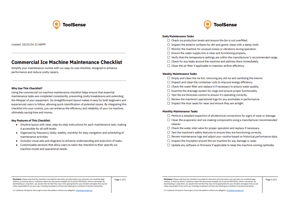 Commercial Ice Machine Maintenance Checklist